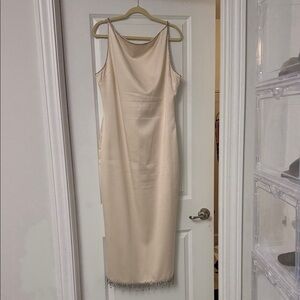 House of CB Blush-Beige Slip Midi Dress with Beaded Hem